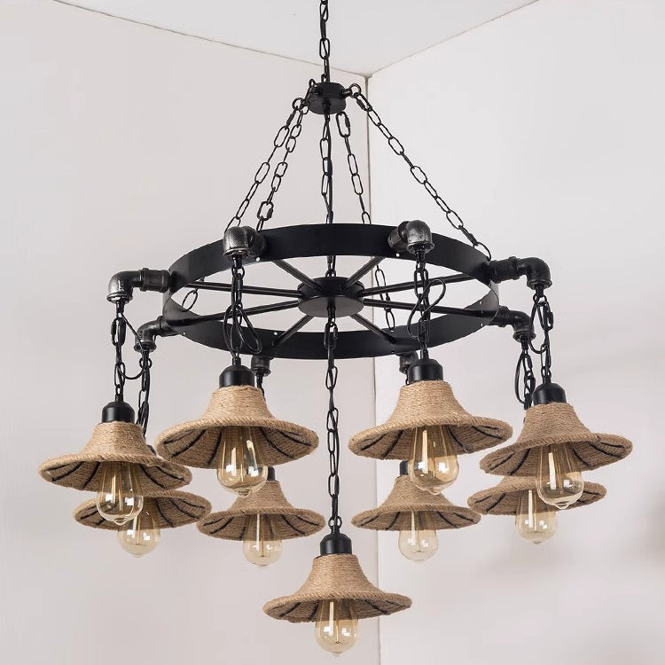 Traditional Rustic Iron Round Frame Hemp Rope Weaving Shade 7/9-Light Chandelier For Living Room
