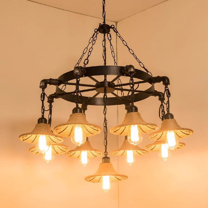 Cadre rond en fer rustique traditionnel avec abat-jour en corde de chanvre tressée 7/9 lumières lustre pour salon 