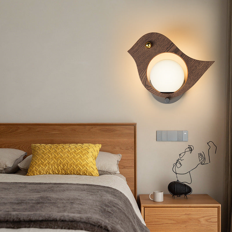 مصباح حائط LED بتصميم عصري على شكل طائر حوت حديدي بتأثير خشبي مزيف لغرفة النوم 