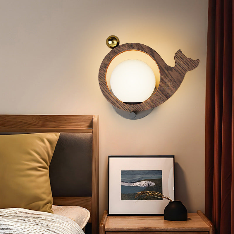 Contemporary Creative Animal Bird Whale Iron Faux Woodgrain LED Wall Sconce Lamp For Bedroom