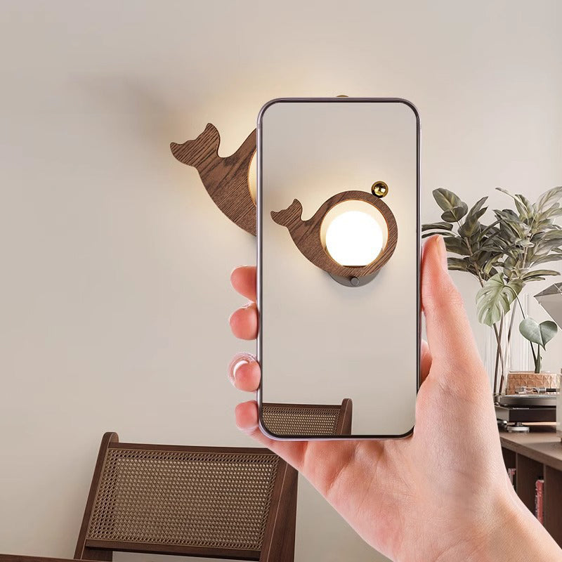 Contemporary Creative Animal Bird Whale Iron Faux Woodgrain LED Wall Sconce Lamp For Bedroom