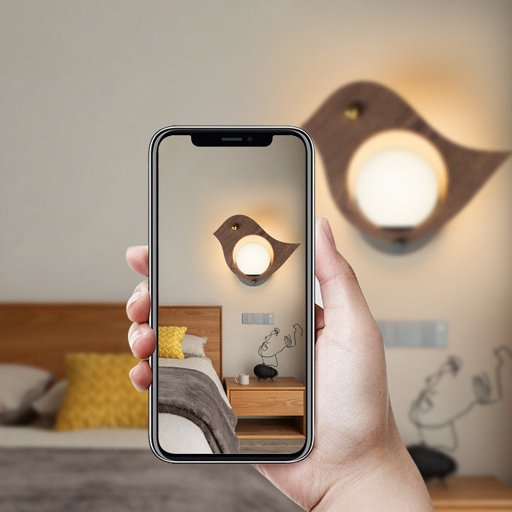 مصباح حائط LED بتصميم عصري على شكل طائر حوت حديدي بتأثير خشبي مزيف لغرفة النوم 