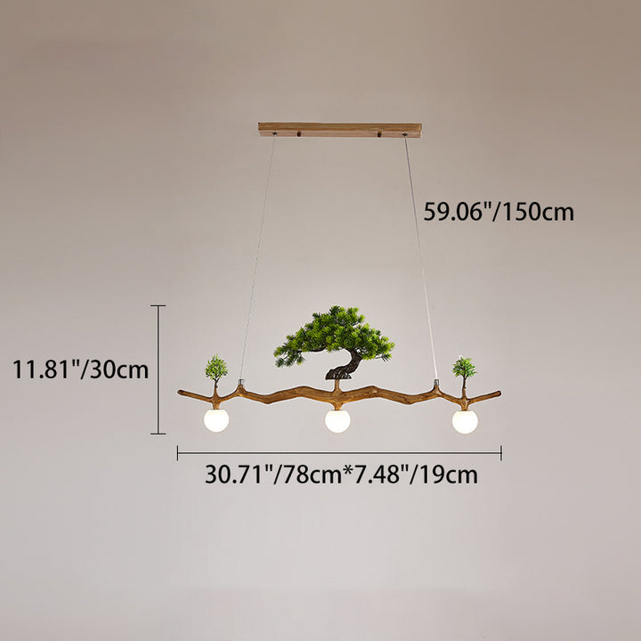 Traditional Chinese Zen Resin Hardware Branch Pine Tree Decoration 3-Light Chandelier Island Light For Living Room