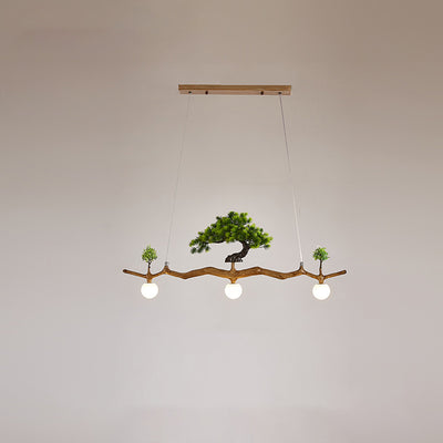 Traditional Chinese Zen Resin Hardware Branch Pine Tree Decoration 3-Light Chandelier Island Light For Living Room