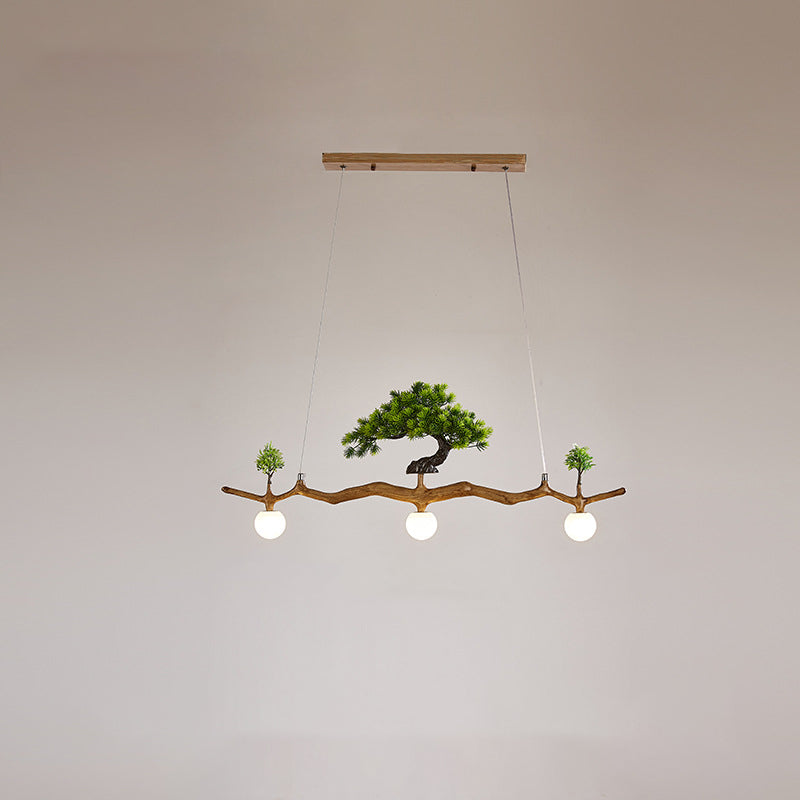 Traditional Chinese Zen Resin Hardware Branch Pine Tree Decoration 3-Light Chandelier Island Light For Living Room