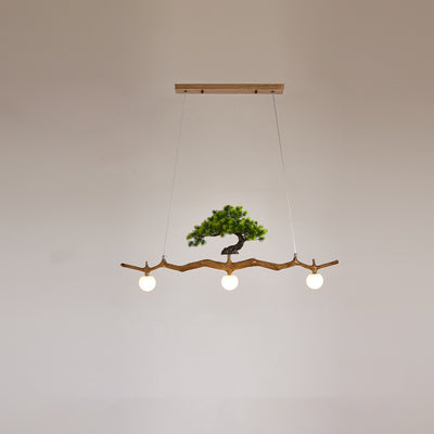 Traditional Chinese Zen Resin Hardware Branch Pine Tree Decoration 3-Light Chandelier Island Light For Living Room