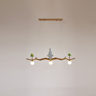 Traditional Chinese Zen Resin Hardware Branch Pine Tree Decoration 3-Light Chandelier Island Light For Living Room