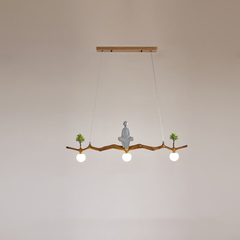 Traditional Chinese Zen Resin Hardware Branch Pine Tree Decoration 3-Light Chandelier Island Light For Living Room