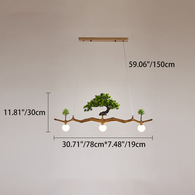Traditional Chinese Zen Resin Hardware Branch Pine Tree Decoration 3-Light Chandelier Island Light For Living Room