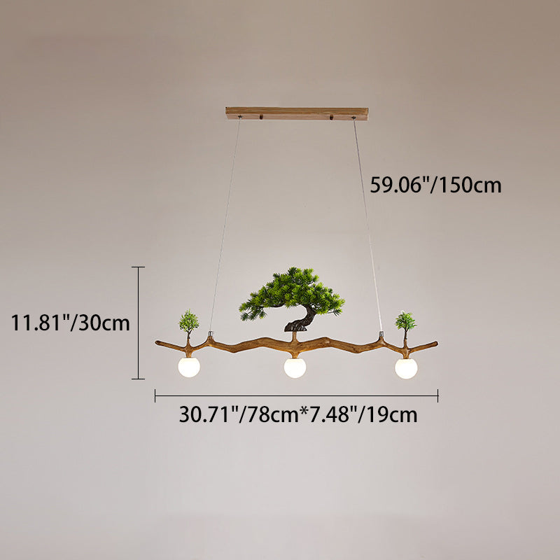 Traditional Chinese Zen Resin Hardware Branch Pine Tree Decoration 3-Light Chandelier Island Light For Living Room