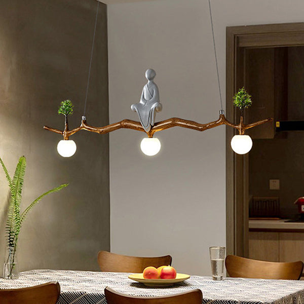 Traditional Chinese Zen Resin Hardware Branch Pine Tree Decoration 3-Light Chandelier Island Light For Living Room
