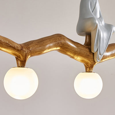 Traditional Chinese Zen Resin Hardware Branch Pine Tree Decoration 3-Light Chandelier Island Light For Living Room