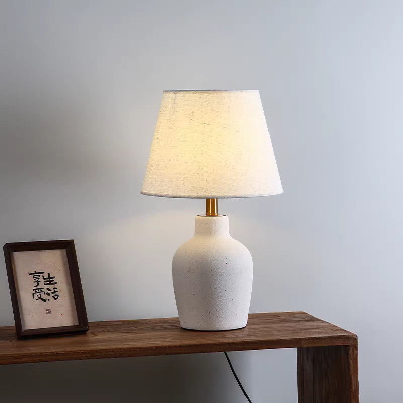 Traditional Japanese Fabric Shade Ceramic Bottle Base 1-Light Table Lamp For Bedroom