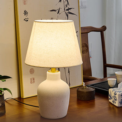 Traditional Japanese Fabric Shade Ceramic Bottle Base 1-Light Table Lamp For Bedroom