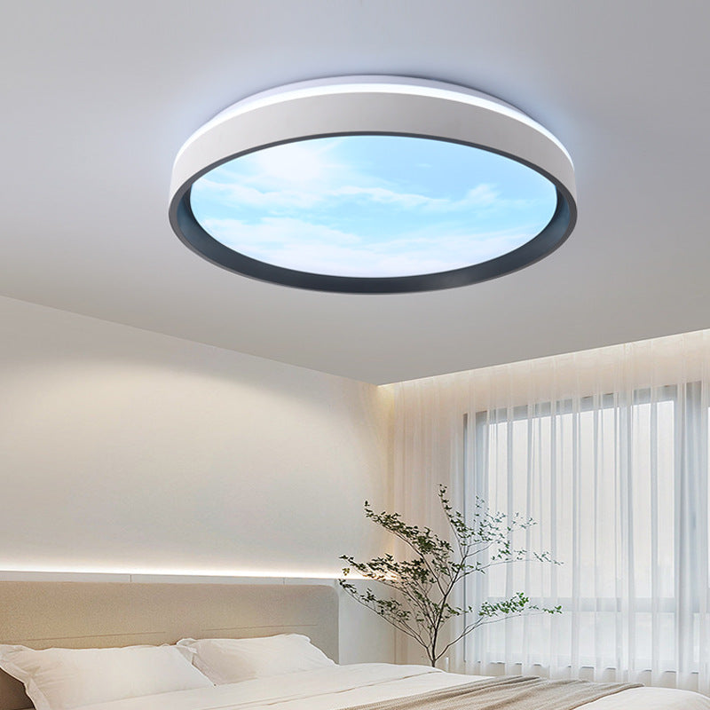 Contemporary Nordic Iron Blue Sky & Cloud Pattern Acrylic Round Shade LED Flush Mount Ceiling Light For Living Room