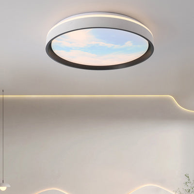 Contemporary Nordic Iron Blue Sky & Cloud Pattern Acrylic Round Shade LED Flush Mount Ceiling Light For Living Room