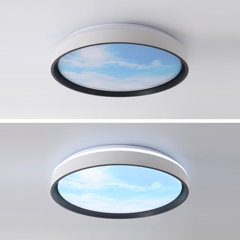 Contemporary Nordic Iron Blue Sky & Cloud Pattern Acrylic Round Shade LED Flush Mount Ceiling Light For Living Room