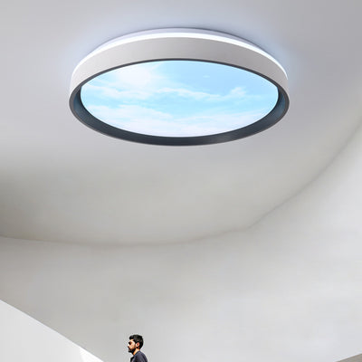 Contemporary Nordic Iron Blue Sky & Cloud Pattern Acrylic Round Shade LED Flush Mount Ceiling Light For Living Room