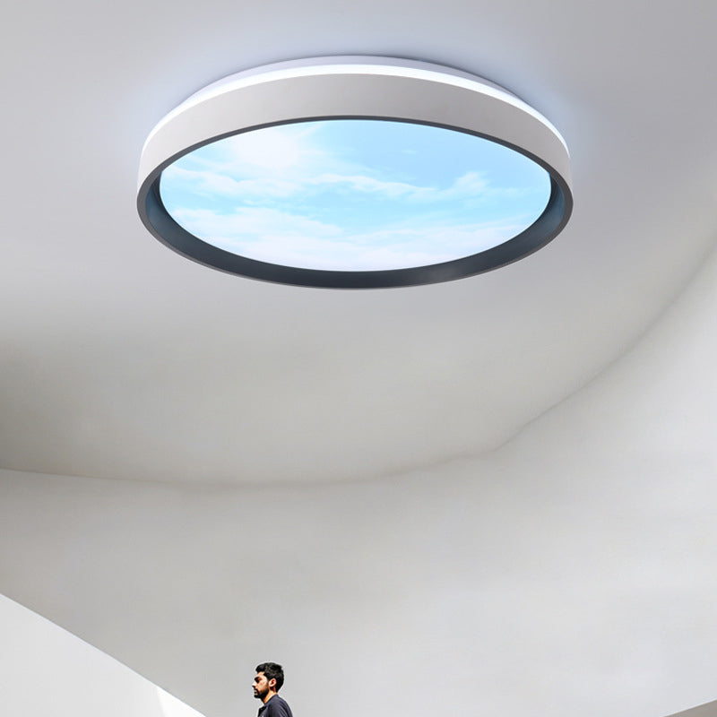 Contemporary Nordic Iron Blue Sky & Cloud Pattern Acrylic Round Shade LED Flush Mount Ceiling Light For Living Room