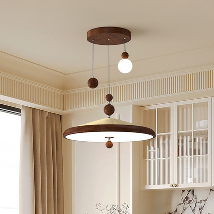 Traditionelle französische Eisen-Faux-Holzmaserung-Acryl-Kegelschirm-LED-Pendelleuchte für das Wohnzimmer 