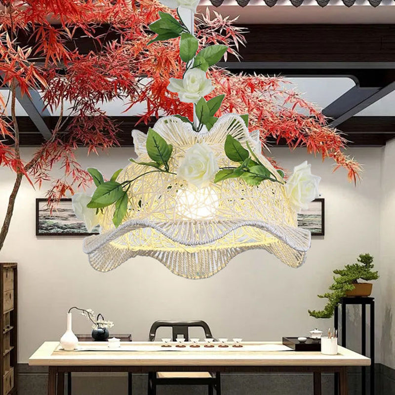 Moderne Art Deco Eisen-Rattan-Weberei Blumenmuster Blätter Dekoration 1-Licht Pendelleuchte für Wohnzimmer 