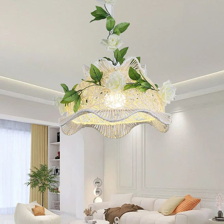 Moderne Art Deco Eisen-Rattan-Weberei Blumenmuster Blätter Dekoration 1-Licht Pendelleuchte für Wohnzimmer 
