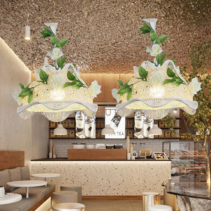 Moderne Art Deco Eisen-Rattan-Weberei Blumenmuster Blätter Dekoration 1-Licht Pendelleuchte für Wohnzimmer 
