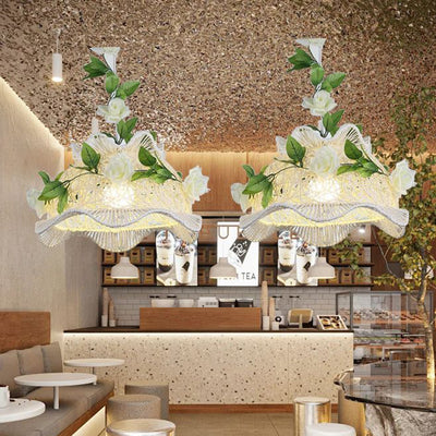 Modern Art Deco Iron Rattan Weaving Floral Shade Leaves Decoration 1-Light Pendant Light For Living Room