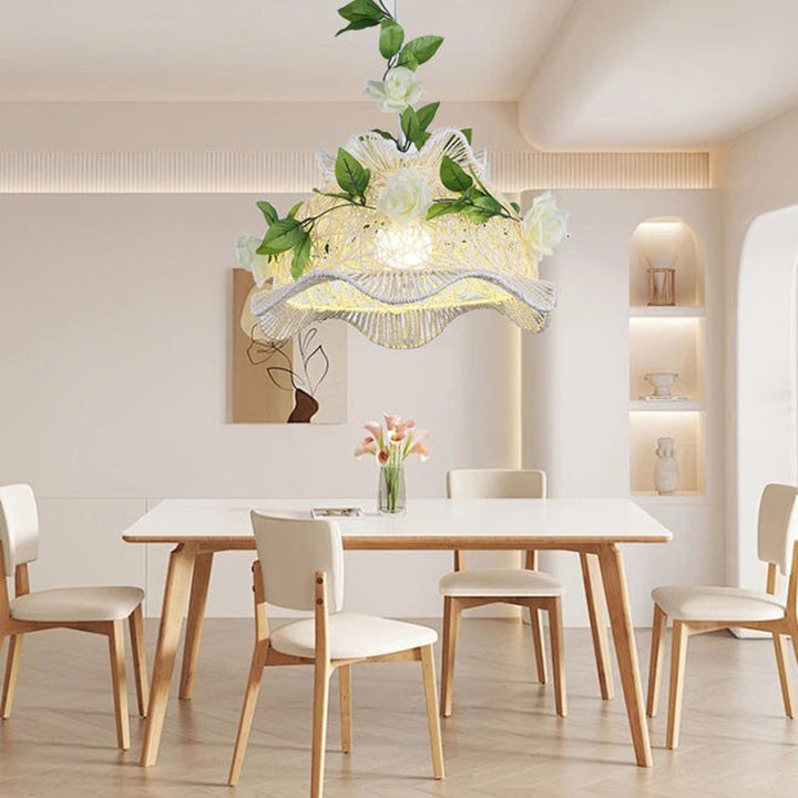 Moderne Art Deco Eisen-Rattan-Weberei Blumenmuster Blätter Dekoration 1-Licht Pendelleuchte für Wohnzimmer 
