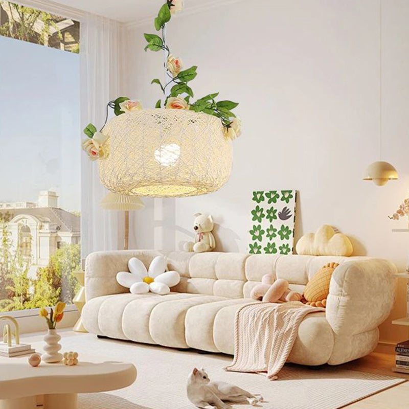 Moderne Art Deco Eisen-Rattan-Weberei Blumenmuster Blätter Dekoration 1-Licht Pendelleuchte für Wohnzimmer 