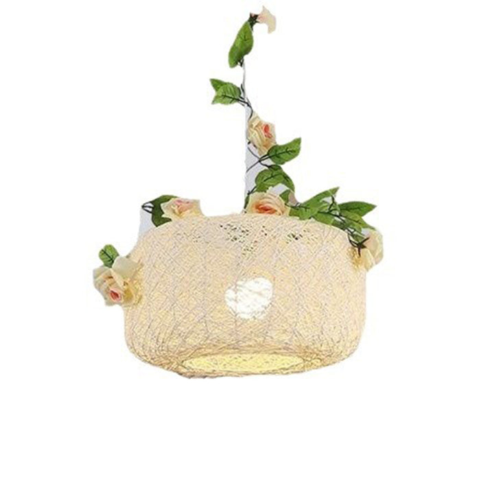 Moderne Art Deco Eisen-Rattan-Weberei Blumenmuster Blätter Dekoration 1-Licht Pendelleuchte für Wohnzimmer 