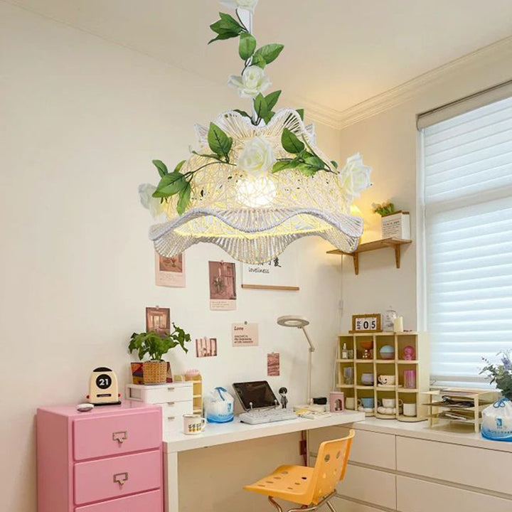 Moderne Art Deco Eisen-Rattan-Weberei Blumenmuster Blätter Dekoration 1-Licht Pendelleuchte für Wohnzimmer 