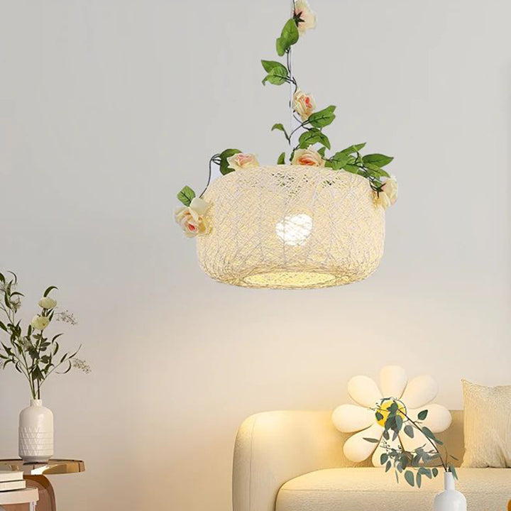 Moderne Art Deco Eisen-Rattan-Weberei Blumenmuster Blätter Dekoration 1-Licht Pendelleuchte für Wohnzimmer 