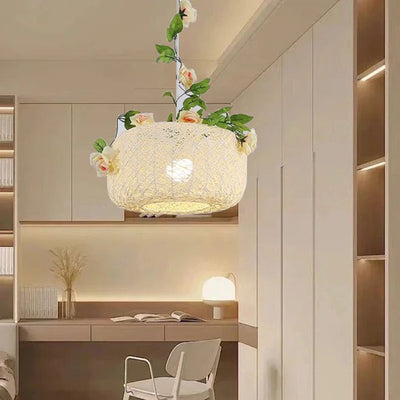 Modern Art Deco Iron Rattan Weaving Floral Shade Leaves Decoration 1-Light Pendant Light For Living Room