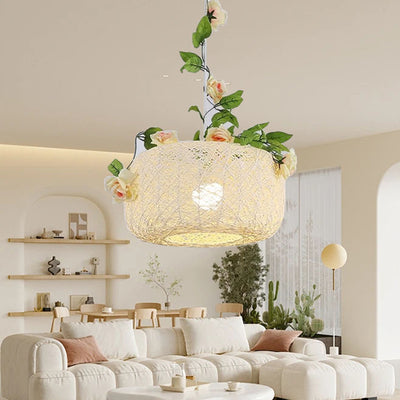 Modern Art Deco Iron Rattan Weaving Floral Shade Leaves Decoration 1-Light Pendant Light For Living Room