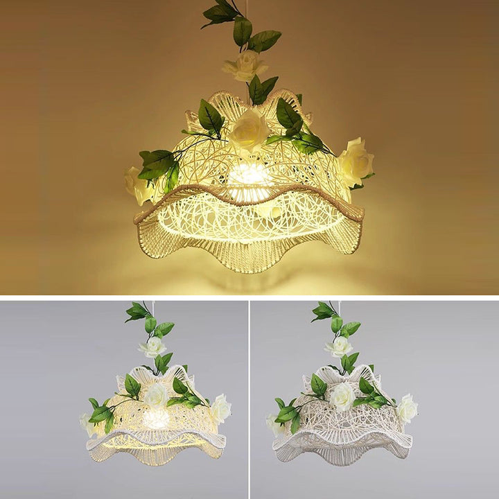 Moderne Art Deco Eisen-Rattan-Weberei Blumenmuster Blätter Dekoration 1-Licht Pendelleuchte für Wohnzimmer 