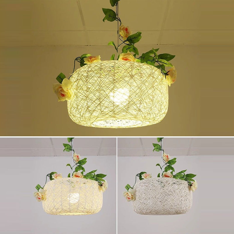 Moderne Art Deco Eisen-Rattan-Weberei Blumenmuster Blätter Dekoration 1-Licht Pendelleuchte für Wohnzimmer 