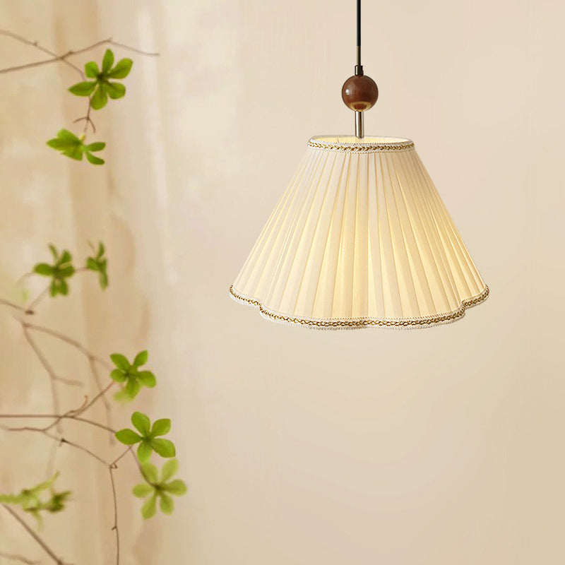 Traditional French Solid Wood Pleated Fabric Corrugated Shade 1-Light Pendant Light For Living Room