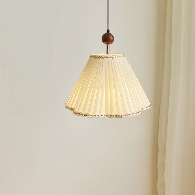 Traditional French Solid Wood Pleated Fabric Corrugated Shade 1-Light Pendant Light For Living Room