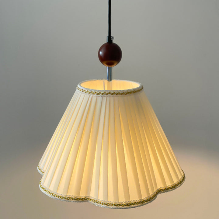 Traditional French Solid Wood Pleated Fabric Corrugated Shade 1-Light Pendant Light For Living Room