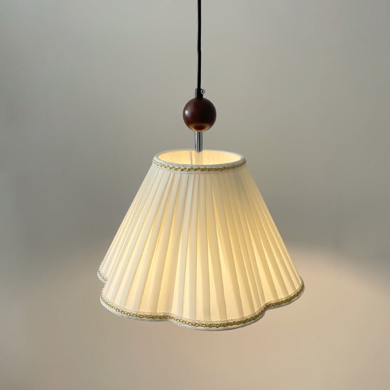 Traditional French Solid Wood Pleated Fabric Corrugated Shade 1-Light Pendant Light For Living Room