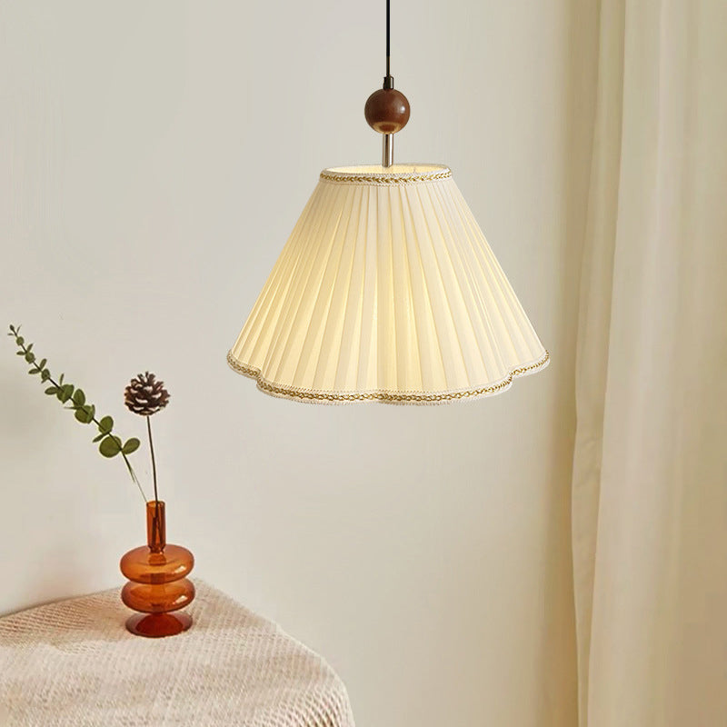 Traditional French Solid Wood Pleated Fabric Corrugated Shade 1-Light Pendant Light For Living Room