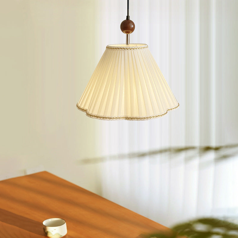 Traditional French Solid Wood Pleated Fabric Corrugated Shade 1-Light Pendant Light For Living Room