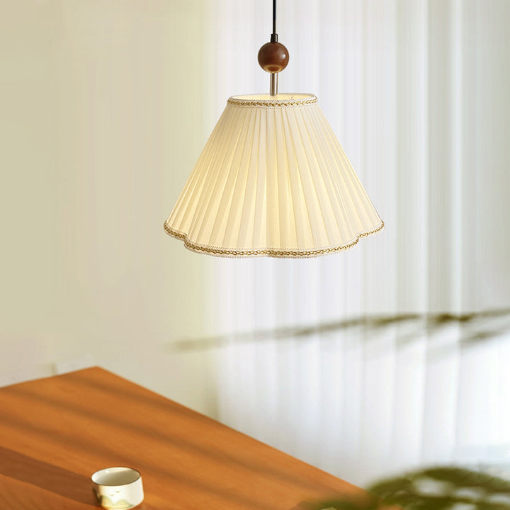 Traditional French Solid Wood Pleated Fabric Corrugated Shade 1-Light Pendant Light For Living Room
