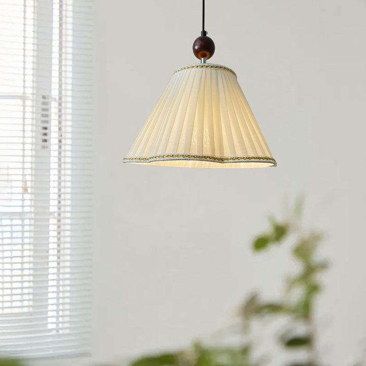 Traditional French Solid Wood Pleated Fabric Corrugated Shade 1-Light Pendant Light For Living Room