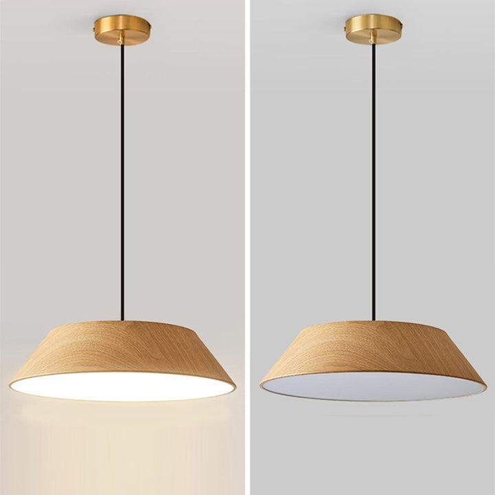 Traditionelle japanische Eisen-Faux-Holzmaserung runde Schirm LED Pendelleuchte für Wohnzimmer 