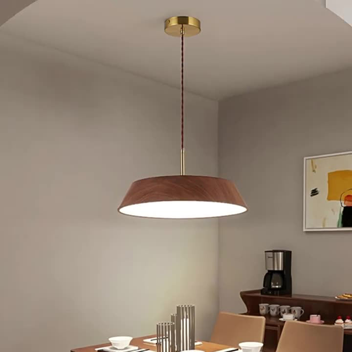 Traditionelle japanische Eisen-Faux-Holzmaserung runde Schirm LED Pendelleuchte für Wohnzimmer 