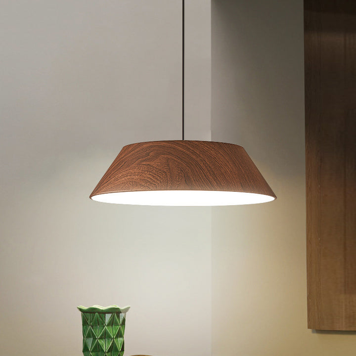 Traditionelle japanische Eisen-Faux-Holzmaserung runde Schirm LED Pendelleuchte für Wohnzimmer 