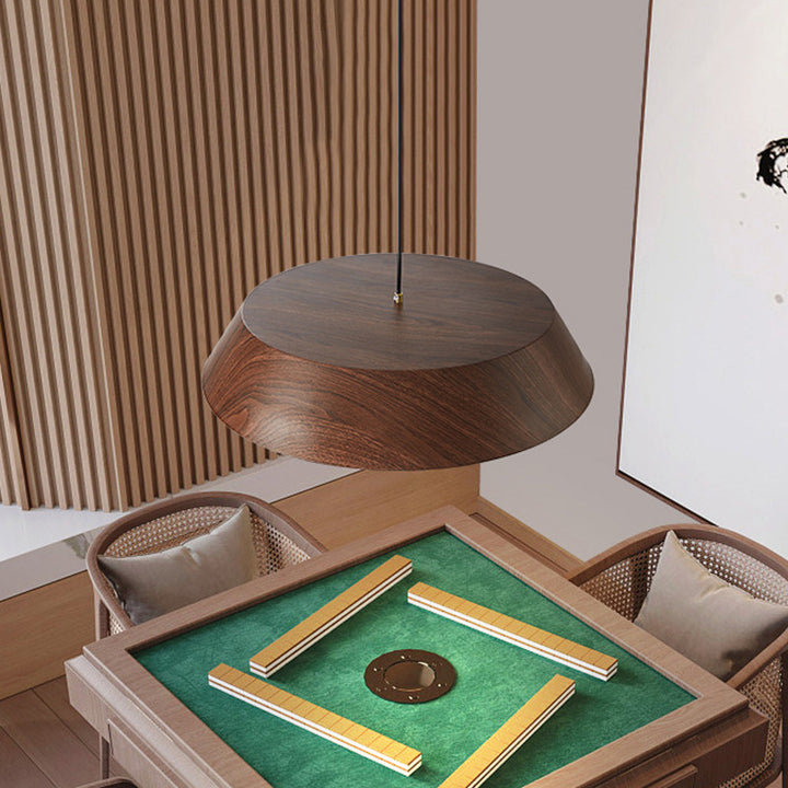 Traditionelle japanische Eisen-Faux-Holzmaserung runde Schirm LED Pendelleuchte für Wohnzimmer 