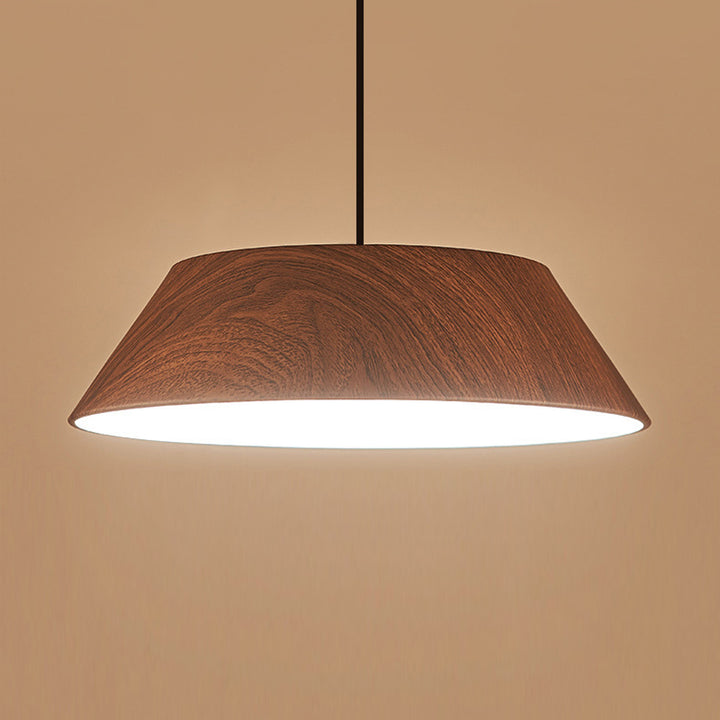 Traditionelle japanische Eisen-Faux-Holzmaserung runde Schirm LED Pendelleuchte für Wohnzimmer 